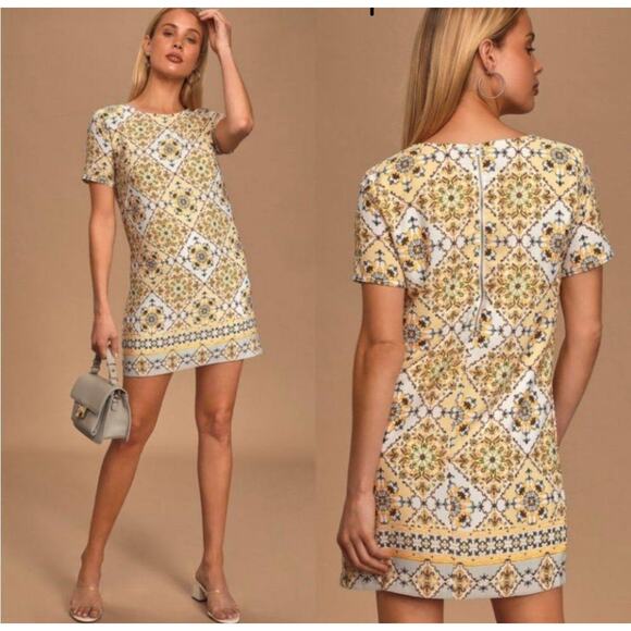 Lulus Yellow Geometric Print Sheath Dress Back Zip XS - Picture 1 of 7